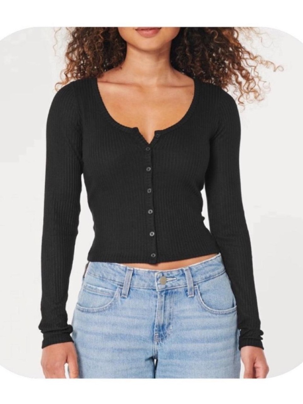 Hollister Black Ribbed Button-Front Long Sleeve Top